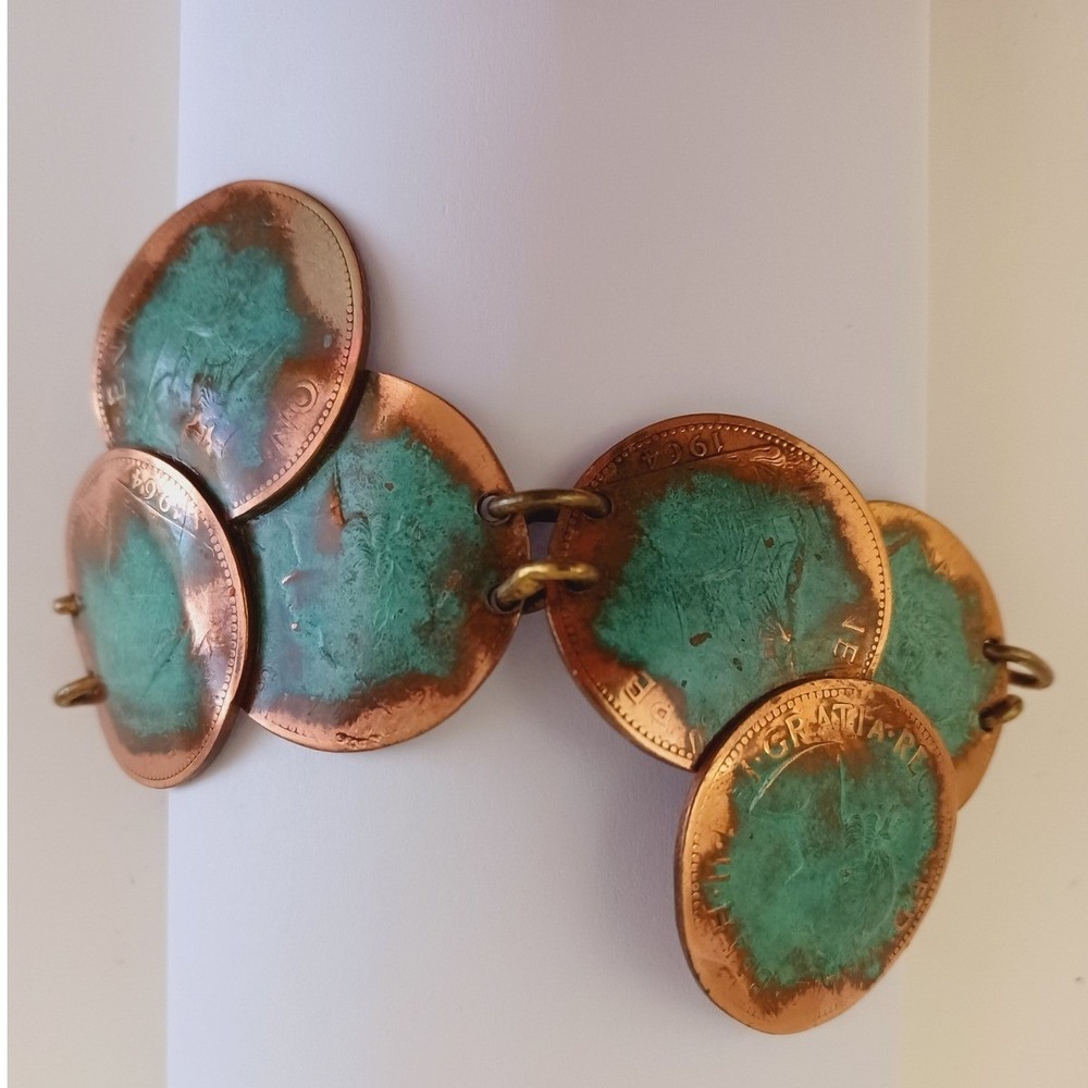 Bracelet Statement Oxidized Copper Turquoise Tone Coin Faux Bold 9" Boho Western